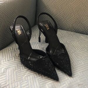 Zara Black Crystal-Studded Slingback Heels